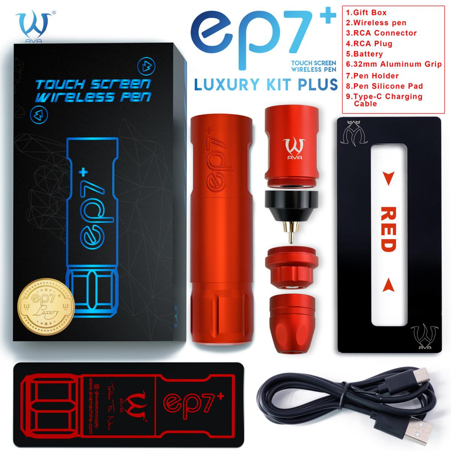 AVA GT EP7+ - Piros - 4.2mm Akkumlátoros Pen Tetoválógép +Akkumlátor  - Vezetéknélküli - Luxus Csomagolás