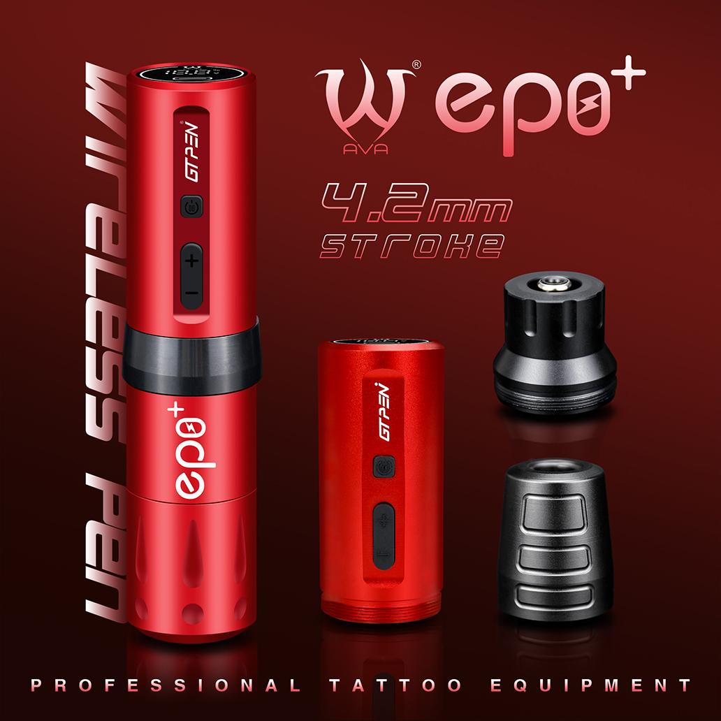 AVA EP8+ Luxury Kit (Piros) Vezeték nélküli akkumulátoros Tetoválógép (4.2mm) 