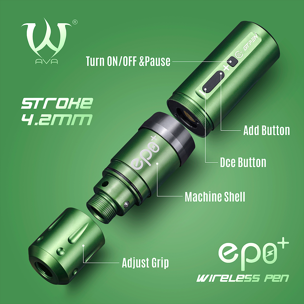 AVA EP8+ Luxury Kit (Zöld) Vezeték nélküli akkumulátoros Tetoválógép (4.2mm) 